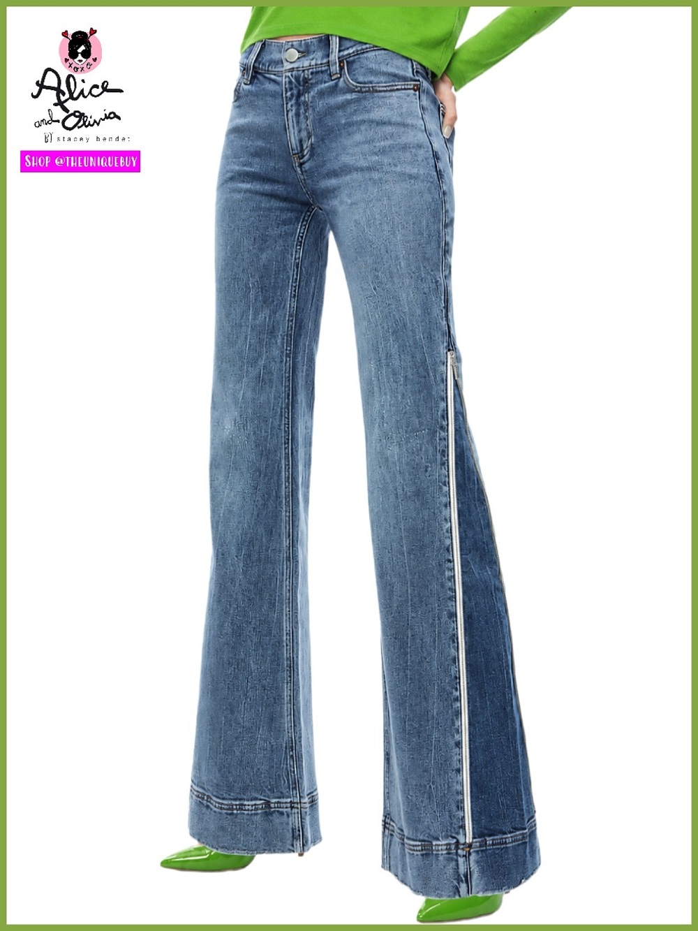Alice + Olivia Rey Side Zipper Blue Off White Wide Leg Jeans